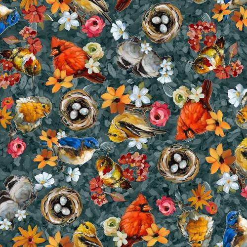 Joyful Garden Tossed Birds Dark Teal