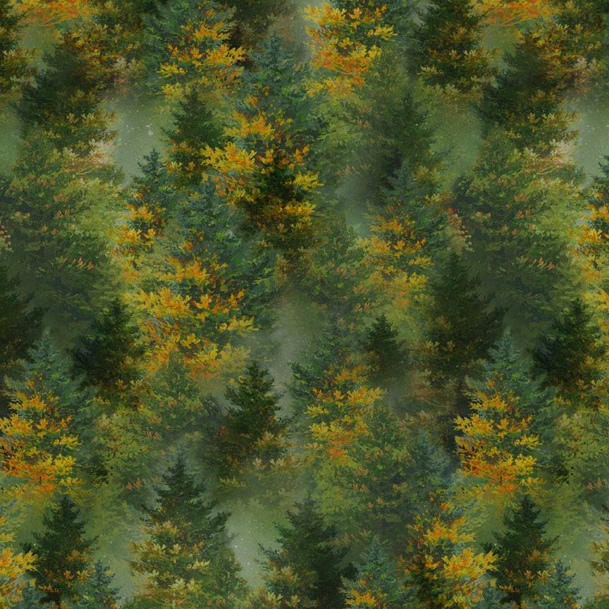 Fireside Serenity Allover Trees Green