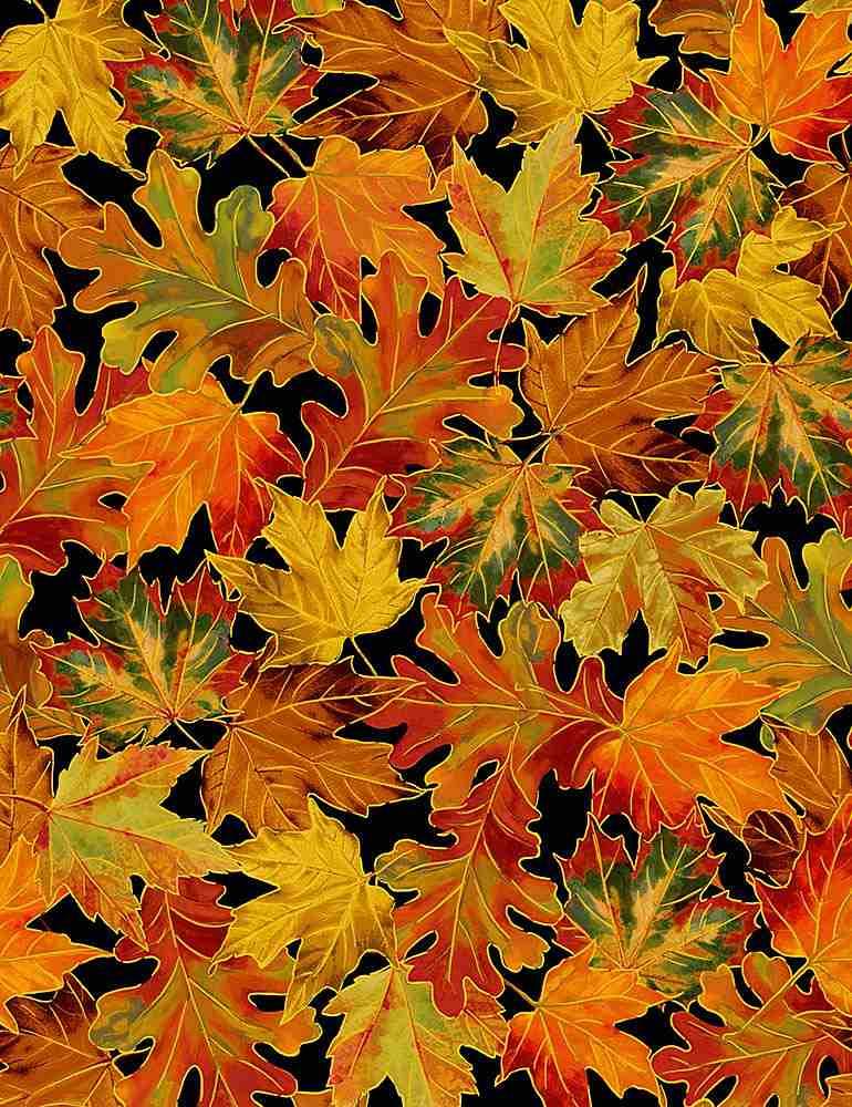 Give Thanks Allover Metallic Autumn Leaves - Black