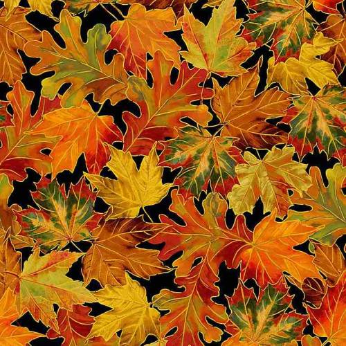 Give Thanks Allover Metallic Autumn Leaves - Black