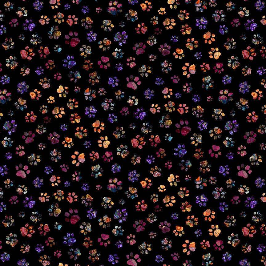 Calico Cat Floral Paw Prints - Black