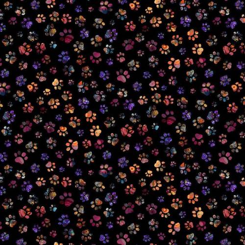 Calico Cat Floral Paw Prints - Black