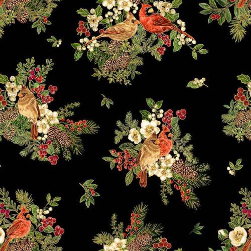 Merry Christmas Cardinal On Floral - Metallic Black