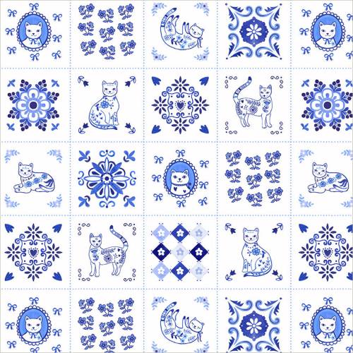 Chateau Meow TIny Tiles - White/Blue