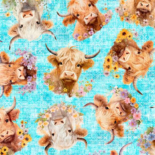 Udderly Adorable Highland Cow with Floral - Lt Turquoise