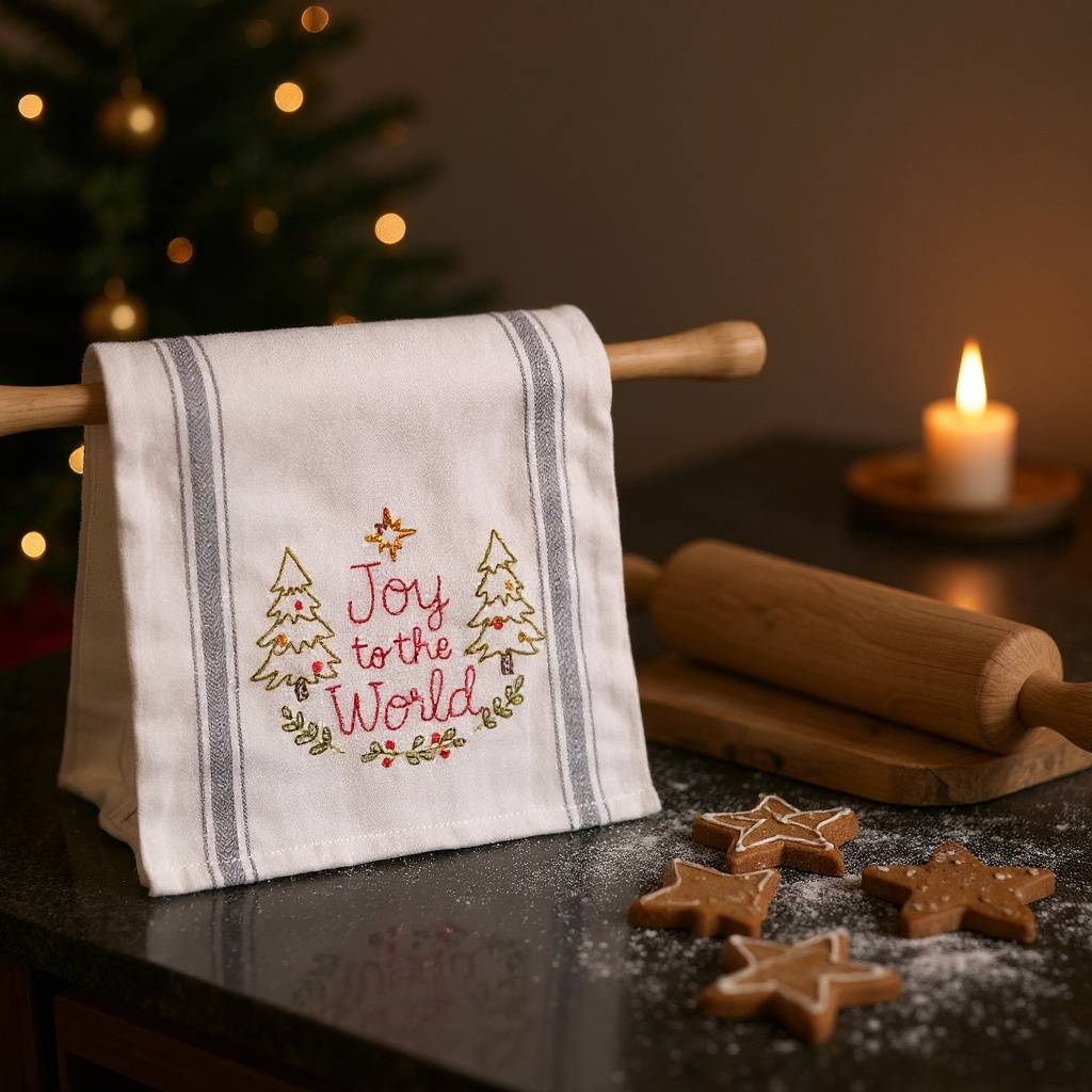 Joy to the World Embroidery Tea Towel